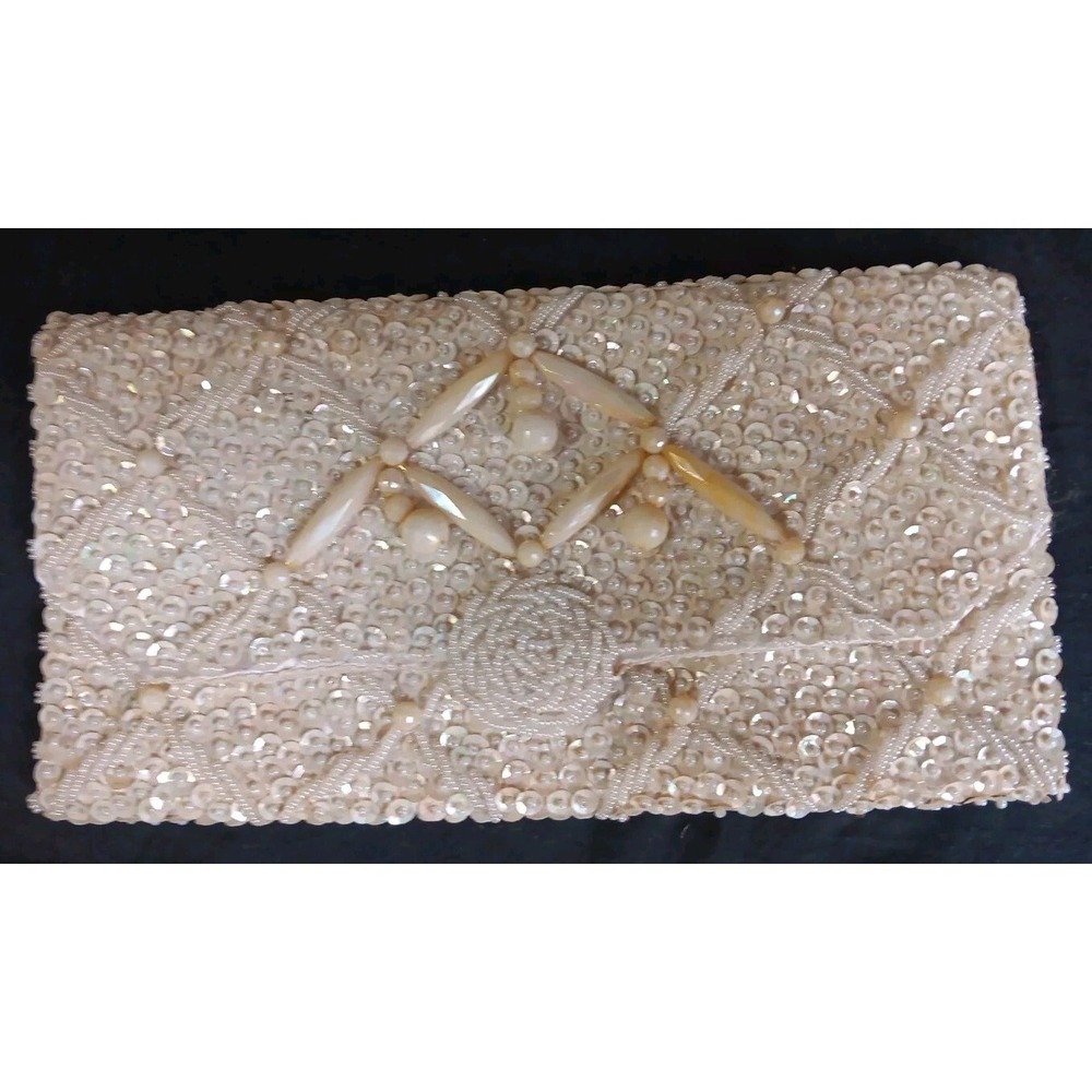 Vintage Beaded Sequined‎ Clutch Purse Handmade Cream Ivory Iridescent READ